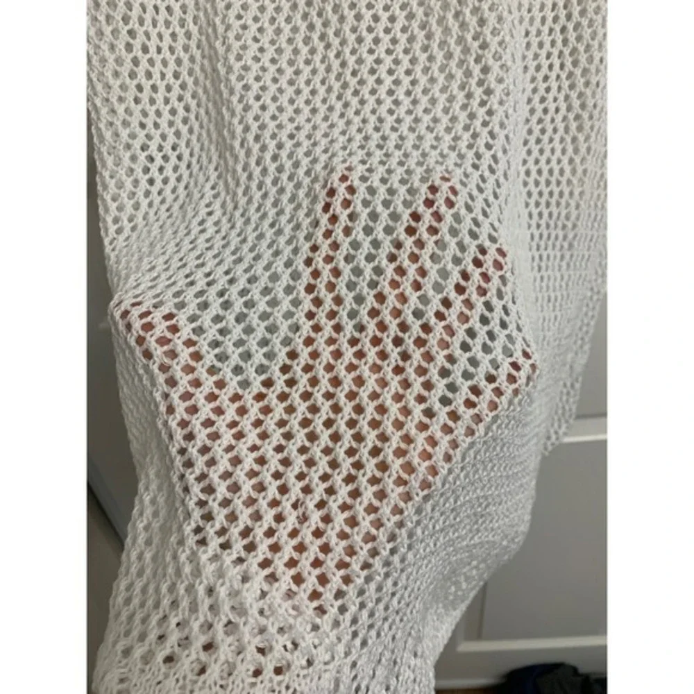 White Crochet Open Knit Cover Up Dress Bell Sleeve‎ High Low Tunic Drawstring